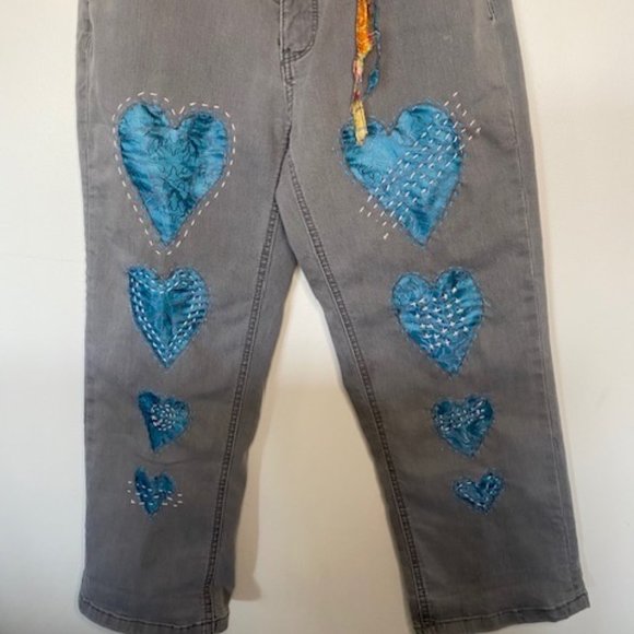 Upcycled Grey Jeans/recycled jeans/embellished jeans/reworked jeans - Picture 2 of 8